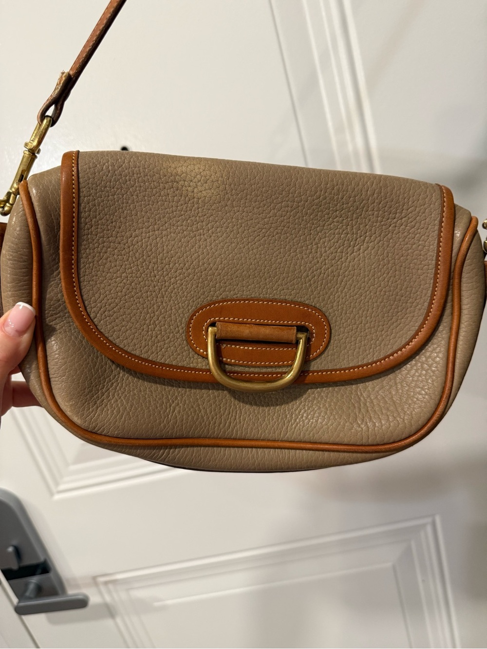 Taupe Leather Crossbody Bag with Tan Trim
